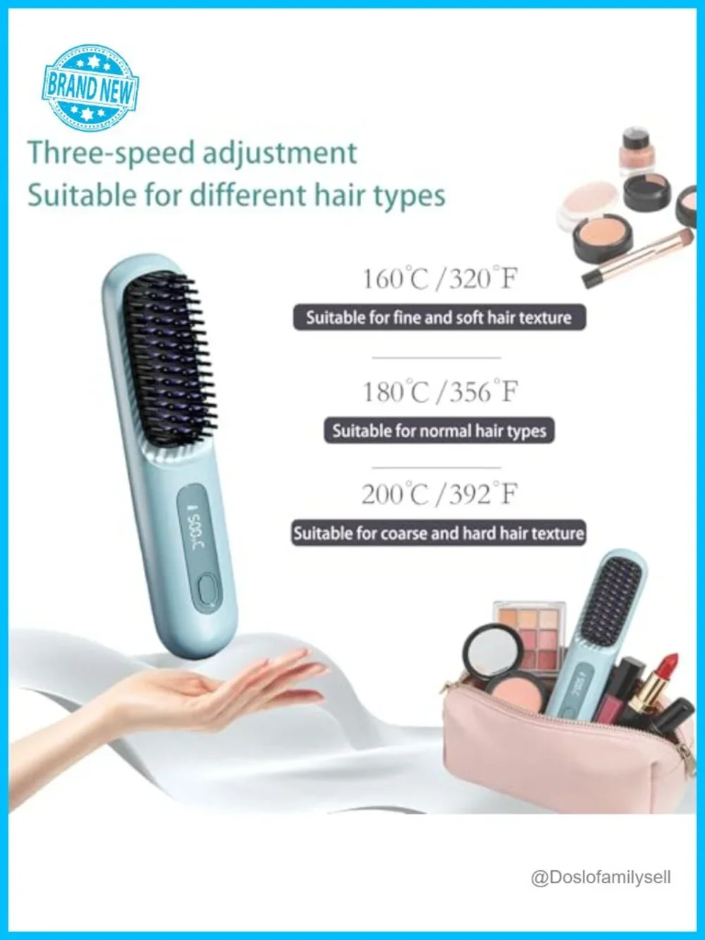 Mini Cordless Hair Straightener Brush with LCD Display, Fast Heating, Travel